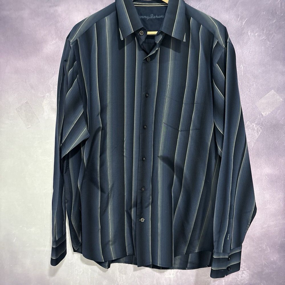 Tommy Bahama 100% Silk Button Down Shirt - Black & Blue Stripe - Men's Size L